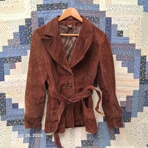 * Vintage 70s Brown Suede Leather Belted Jacket Coat Womens Small Boho Argentina